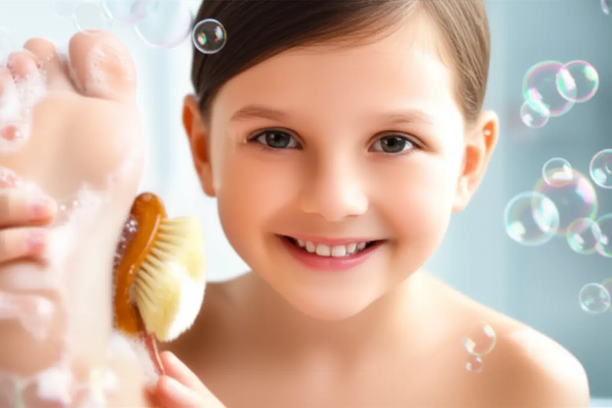 A-cheerful-3D-character-meticulously-washing-their-foot-with-a-brush,-symbolizing-a-life-changing-foot-care-routine.