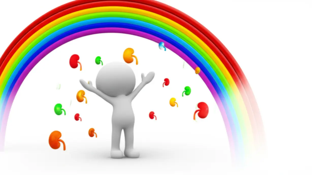 기쁘게-기지개를-켜며-무지개에-손을-뻗는-사람,-건강한-콩팥과-삶의-활력을-상징