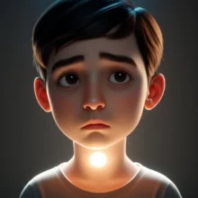 목에서-나오는-희미한-빛에-귀-기울이는-사람의-귀여운-3D-이미지,-내면의-건강-경고를-상징합니다.