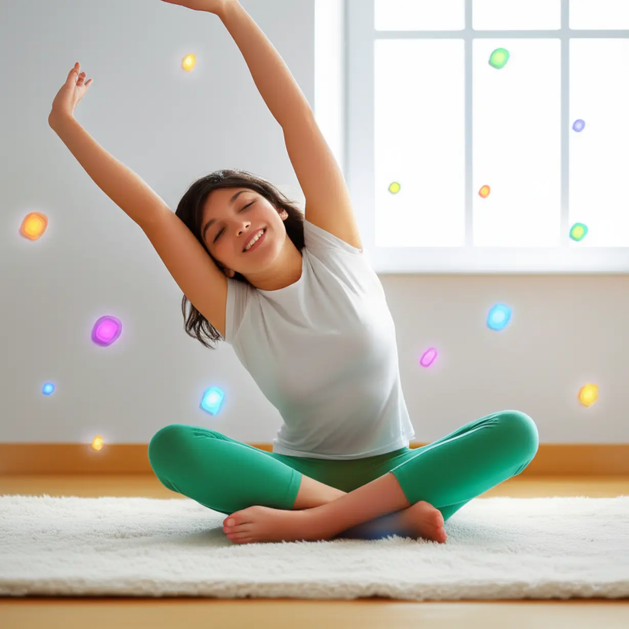 밝고-깨끗한-방에서-행복하게-스트레칭하며-미소-짓는-사람의-모습,-긍정적인-습관을-상징하는-빛나는-물체들이-주변에-있음.
