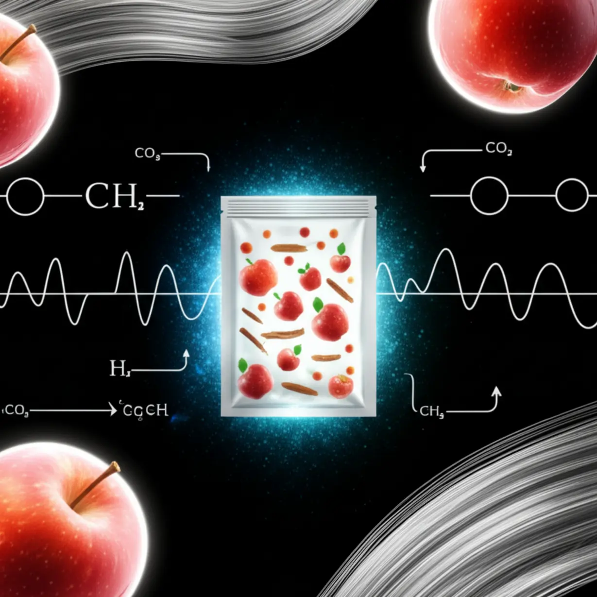 사과와-섬유질-등-다양한-재료가-마법처럼-빛나고,-혈당-안정화를-상징하는-파동-그래프가-있는-모습