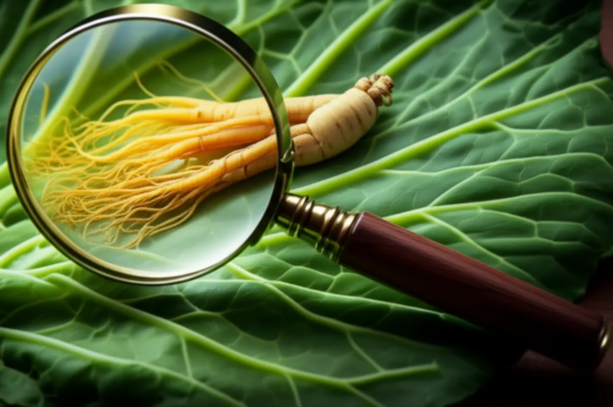돋보기가-선명한-양배추-잎과-빛나는-산양삼-뿌리를-확대하는-모습