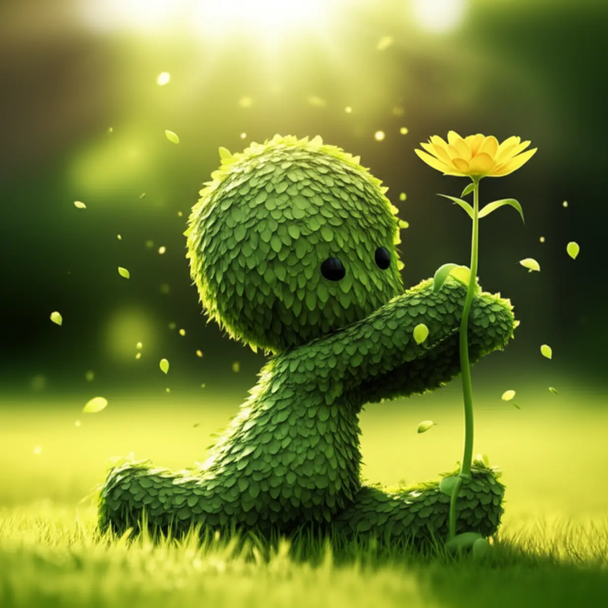 부드러운-녹색-잎으로-만들어진-사람이-평화로운-정원에서-꽃처럼-피어나며-빛나는-점들이-떨어지는-귀여운-3D-이미지