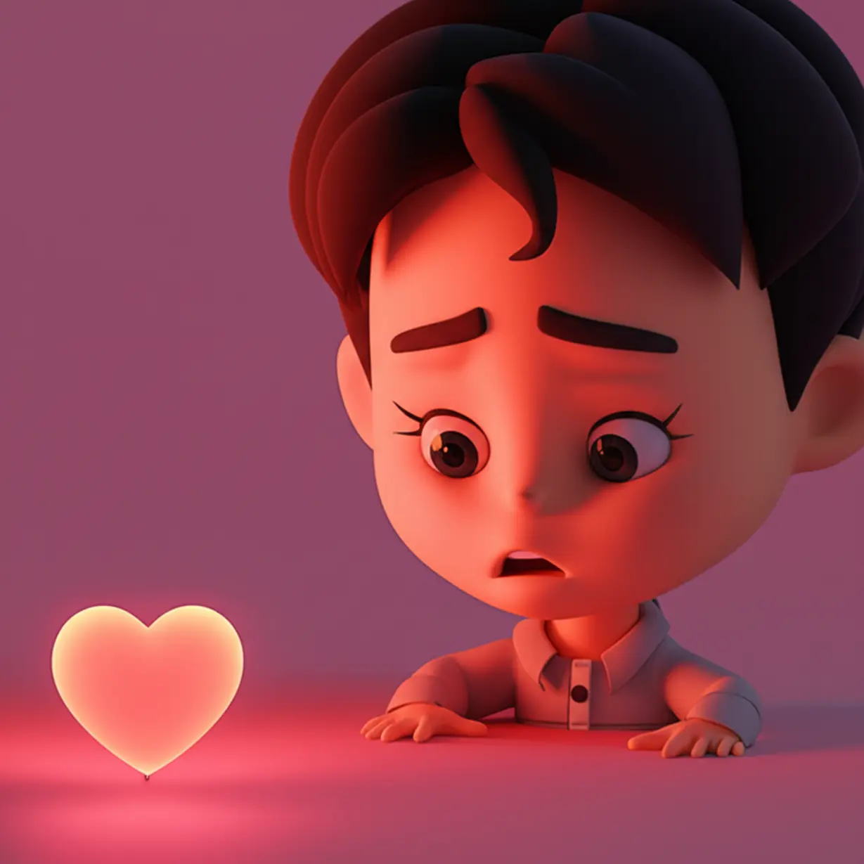 귀여운-3D-캐릭터가-혼란스러운-표정으로-서-있고,-그-옆에서는-작고-하트-모양의-불빛이-아무도-모르게-깜빡이고-있다.