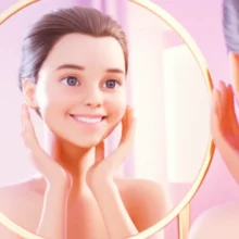 Bright-3D-image-of-a-happy-person-looking-at-their-clear,-unswollen-face-in-a-mirror.