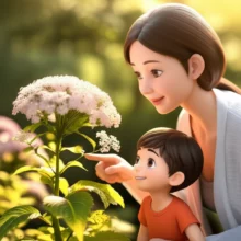 A-parent-and-child-sharing-a-moment-by-a-growing-plant,-symbolizing-their-journey-of-growth.