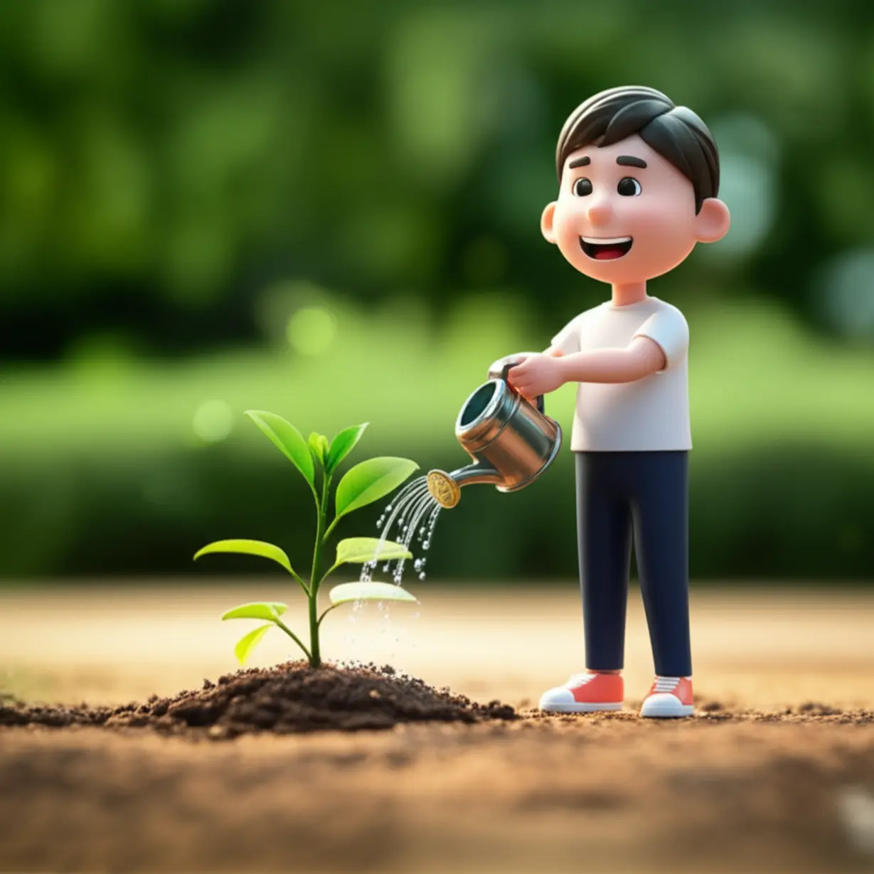 즐거운-캐릭터가-식물에-물을-주며-건강을-가꾸는-모습