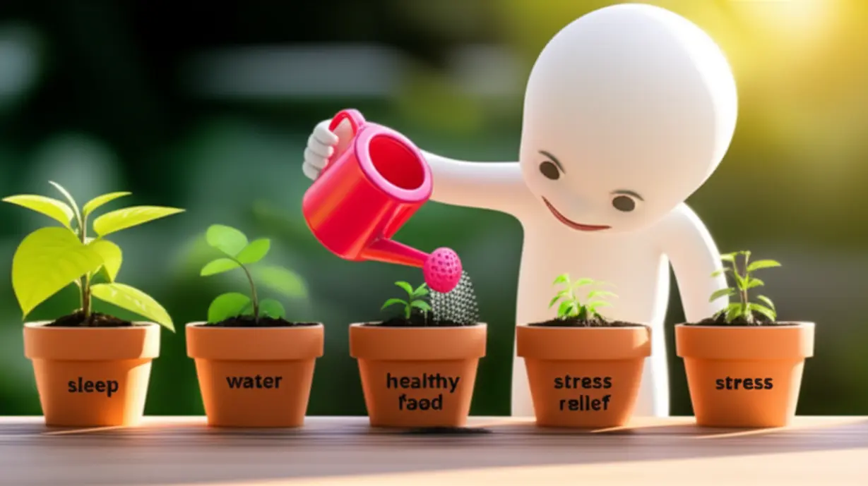 한-사람이-"수면",-"물",-"건강식",-"스트레스-해소"라고-적힌-작은-화분들에-물을-주며-행복해하는-모습