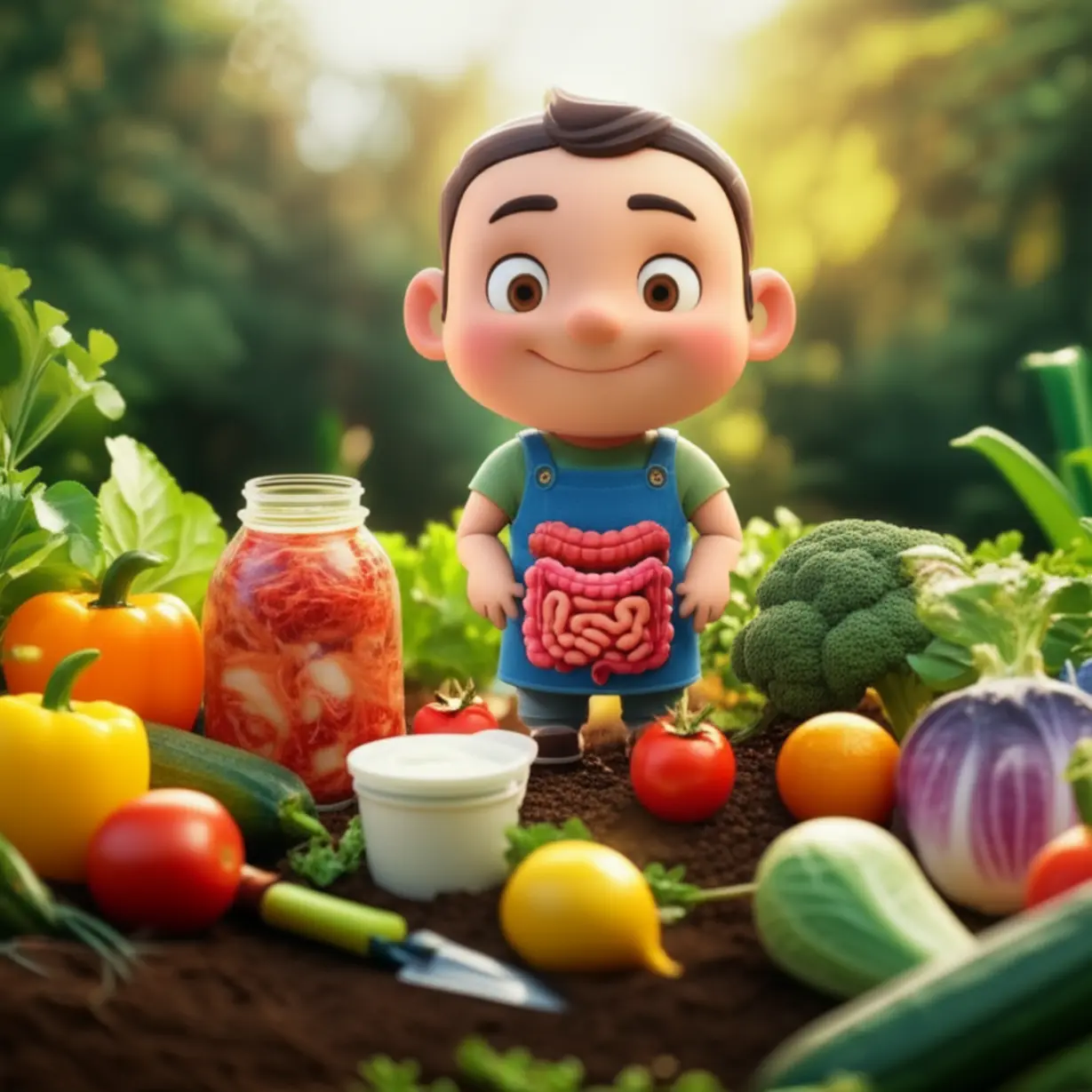 Person-tending-a-garden-of-gut-friendly-foods,-with-a-healthy-glow