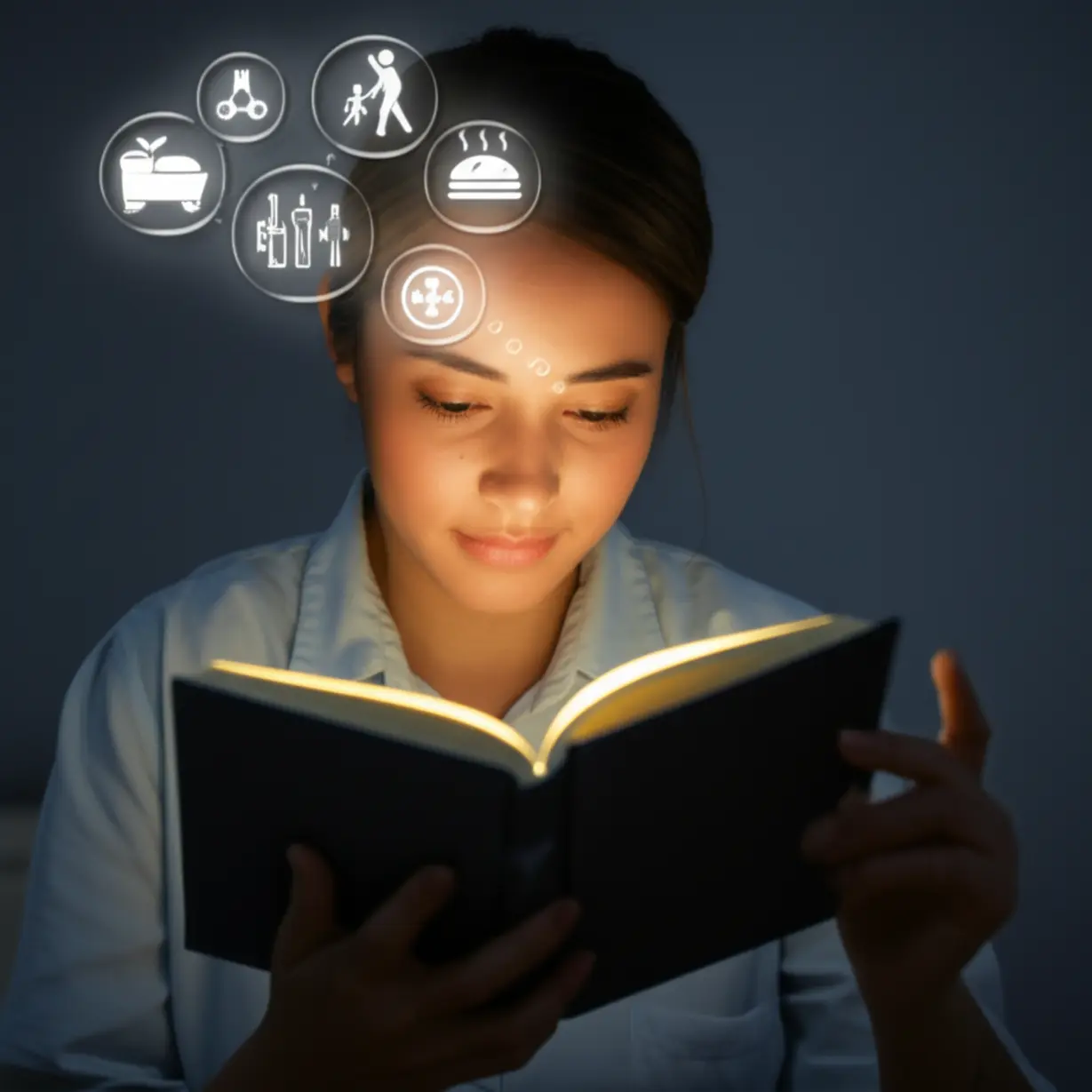 차분하게-빛나는-일기를-들여다보는-사람,-음식,-스트레스,-운동-아이콘이-떠오르며-자기-몸의-신호를-관찰하는-모습