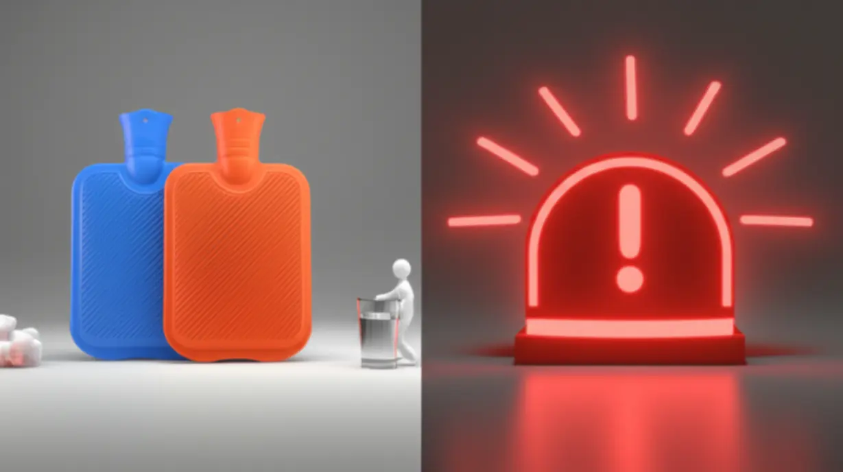 A-comforting-hot-pack,-a-glass-of-water,-and-a-walking-figure-symbolize-relief,-while-a-gentle-red-light-signifies-warning,-illustrating-balanced-health-approaches.