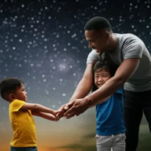 아이와-부모가-별이-빛나는-밤하늘-아래에서-함께-스트레칭하며-성장과-희망을-상징하는-귀여운-3D-이미지