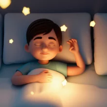 A-cute-3D-image-of-a-person-deeply-sleeping-in-a-comfortable-bed,-surrounded-by-a-peaceful-aura.