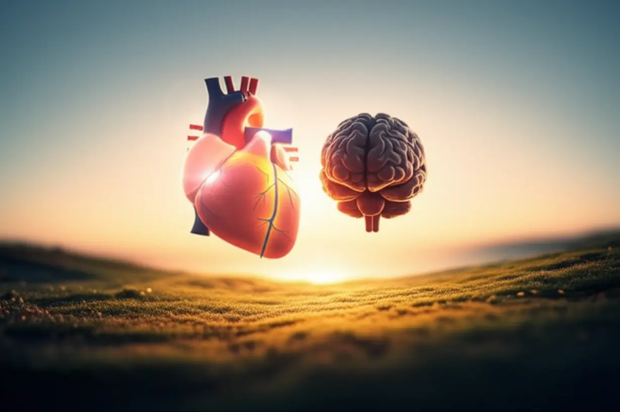 A-cute-3D-glowing-heart-and-a-calm,-happy-brain-floating-peacefully-above-a-serene-landscape,-surrounded-by-healing-energy.