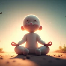 A-cute-3D-person-meditating-peacefully,-surrounded-by-nature-elements,-representing-calming-habits-and-well-being.