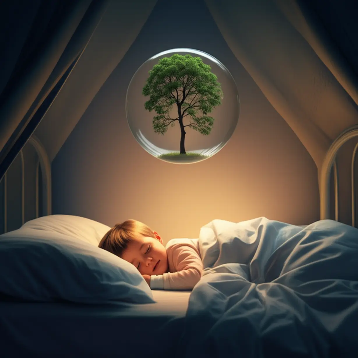 아늑하고-어둑한-침실에서-잠든-아이가-부드러운-빛에-둘러싸여-있으며,-키-큰-나무가-있는-평화로운-꿈-방울이-떠다니는-귀여운-3D-이미지