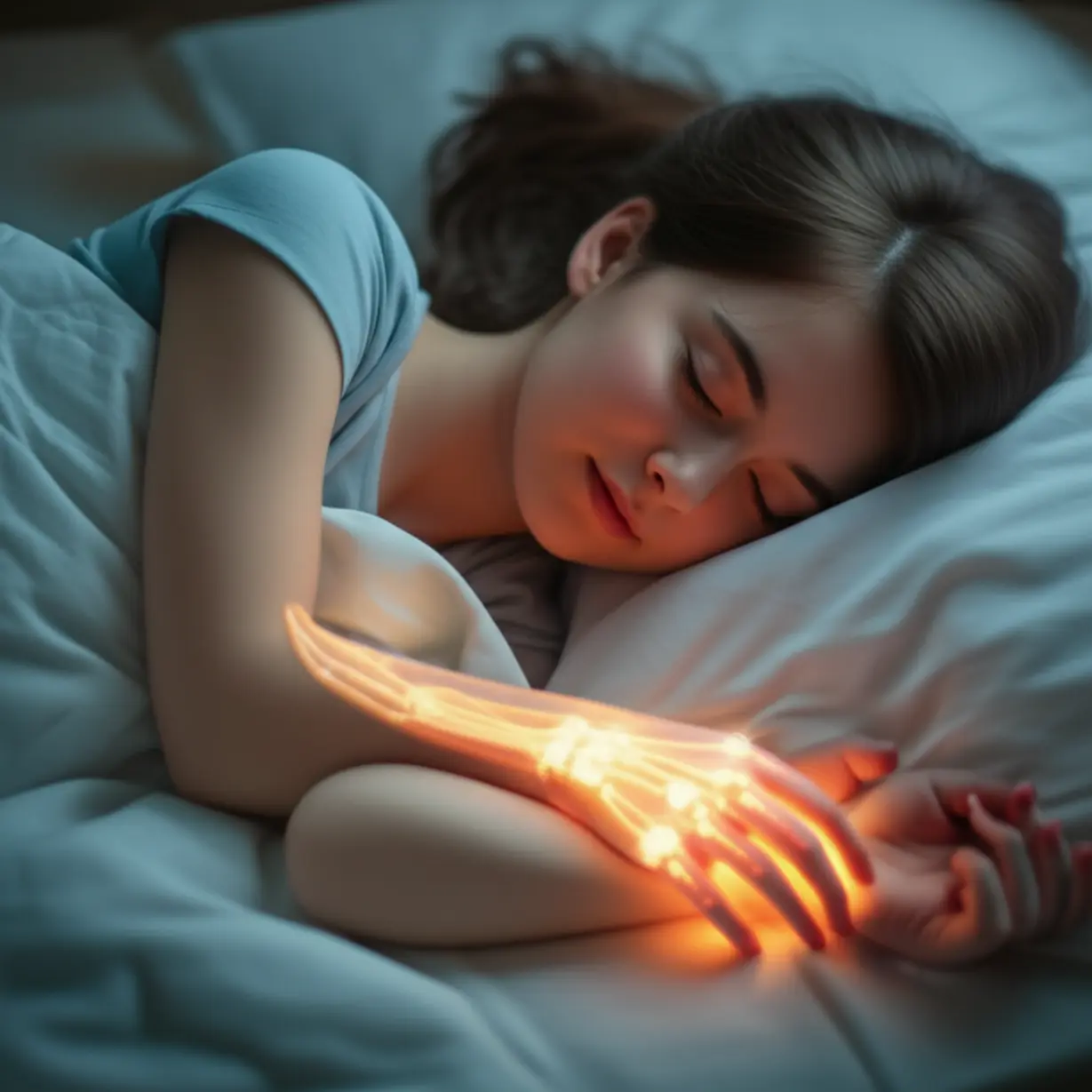 아늑한-침대에서-손과-손목에-편안한-빛이-감도는-모습으로-평화롭게-잠든-사람