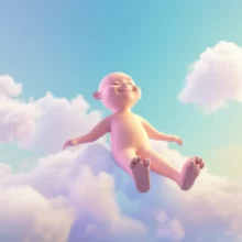 구름-위에서-가볍고-자유롭게-떠다니며-평온한-미소를-짓고-있는-사람의-귀여운-3D-이미지