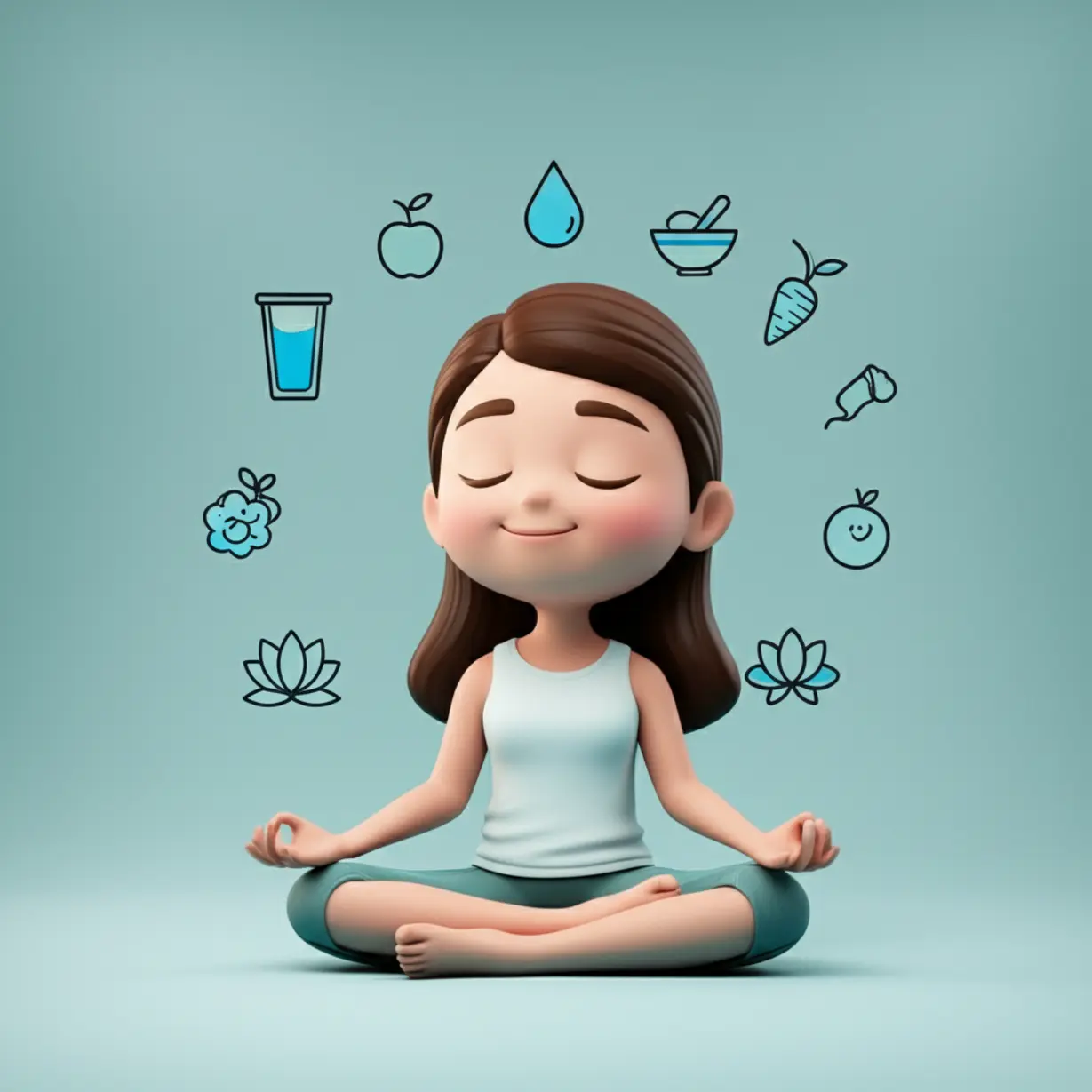 가벼운-스트레칭을-하고-있는-차분하고-행복한-사람의-귀여운-3D-이미지.-주위에는-물-마시기,-마음-챙겨-먹기,-명상과-같은-건강한-습관을-나타내는-작은-아이콘들이-있다.