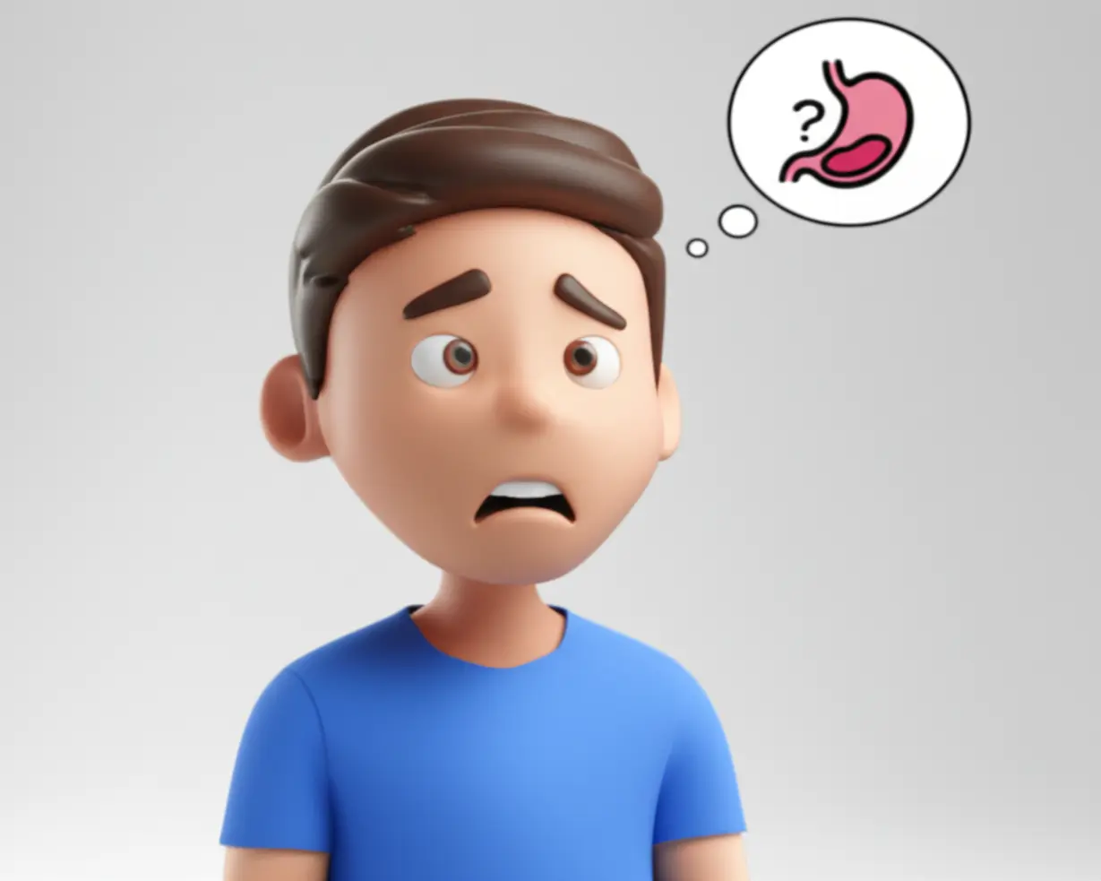 어지러움으로-인해-혼란스러워하는-귀여운-3D-캐릭터.-머리-위-생각-풍선에는-물음표와-작은-위장-아이콘이-그려져-있어,-어지러움의-원인이-위장과-관련되어-있음을-암시한다.