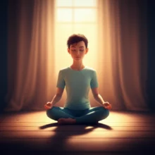 A-cute-3D-character-meditating-peacefully-in-a-cozy-room,-surrounded-by-a-soft-glow,-representing-calm-and-tranquility.