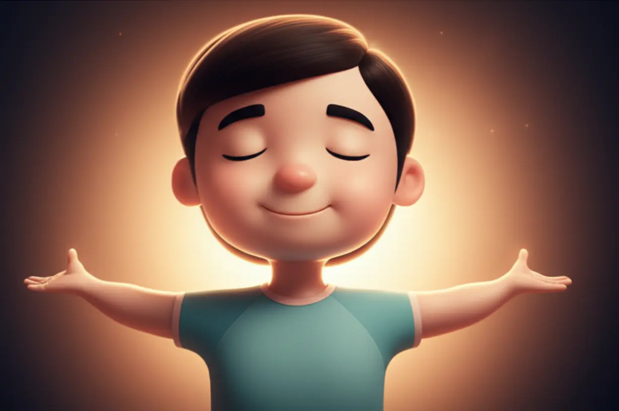 A-cute-3D-character-with-a-relaxed-smile,-stretching-gently,-surrounded-by-soft-glowing-energy,-representing-peace-and-balance.