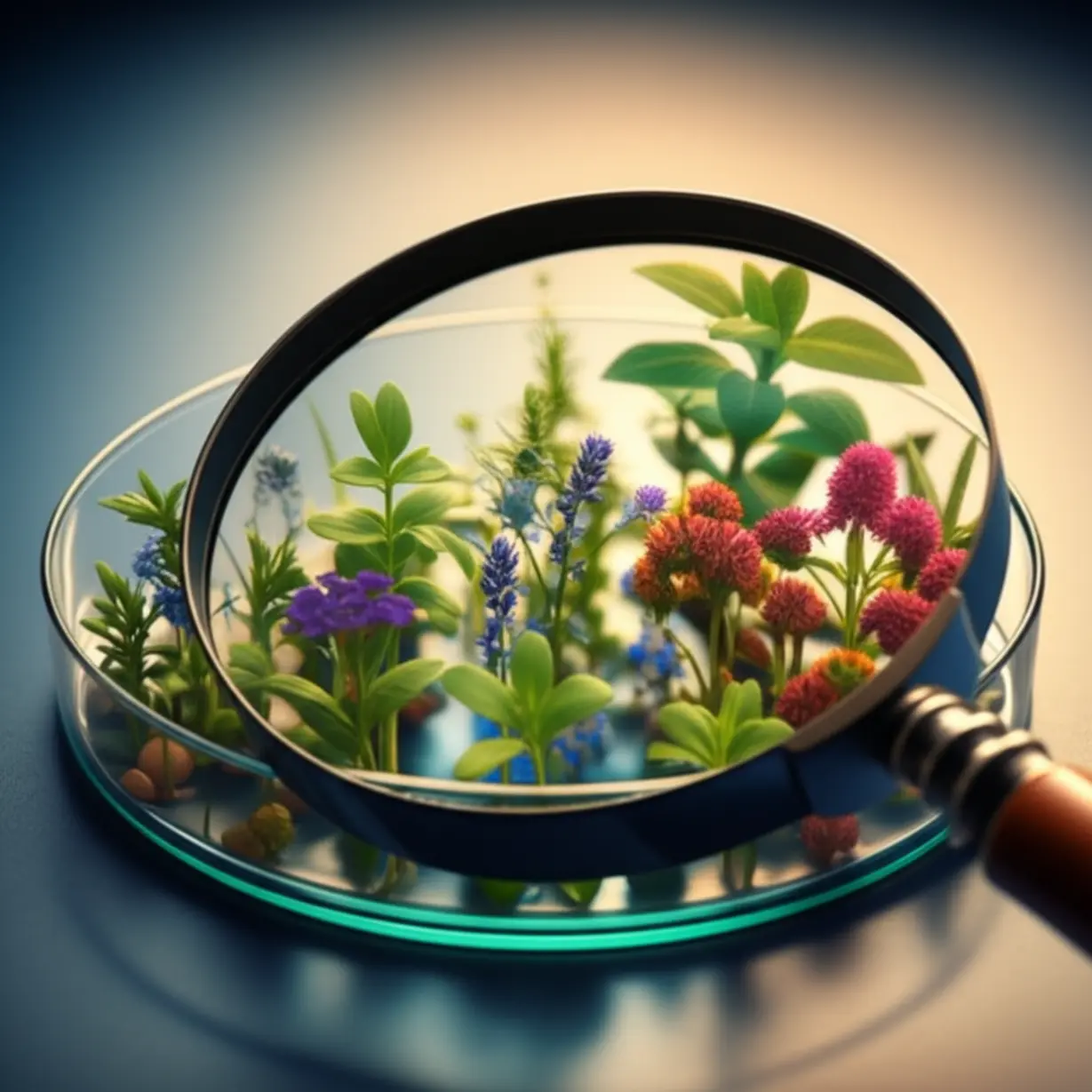 A-variety-of-colorful-herb-like-plants-growing-in-a-petri-dish-with-a-magnifying-glass,-symbolizing-personalized-natural-medicine.