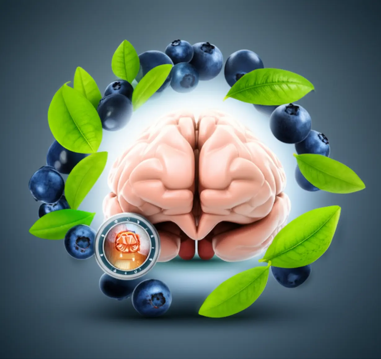 작은-방패를-든-뇌-캐릭터가-오메가3-생선,-블루베리,-녹색-잎채소로-둘러싸여-뇌-노화를-방어하는-모습