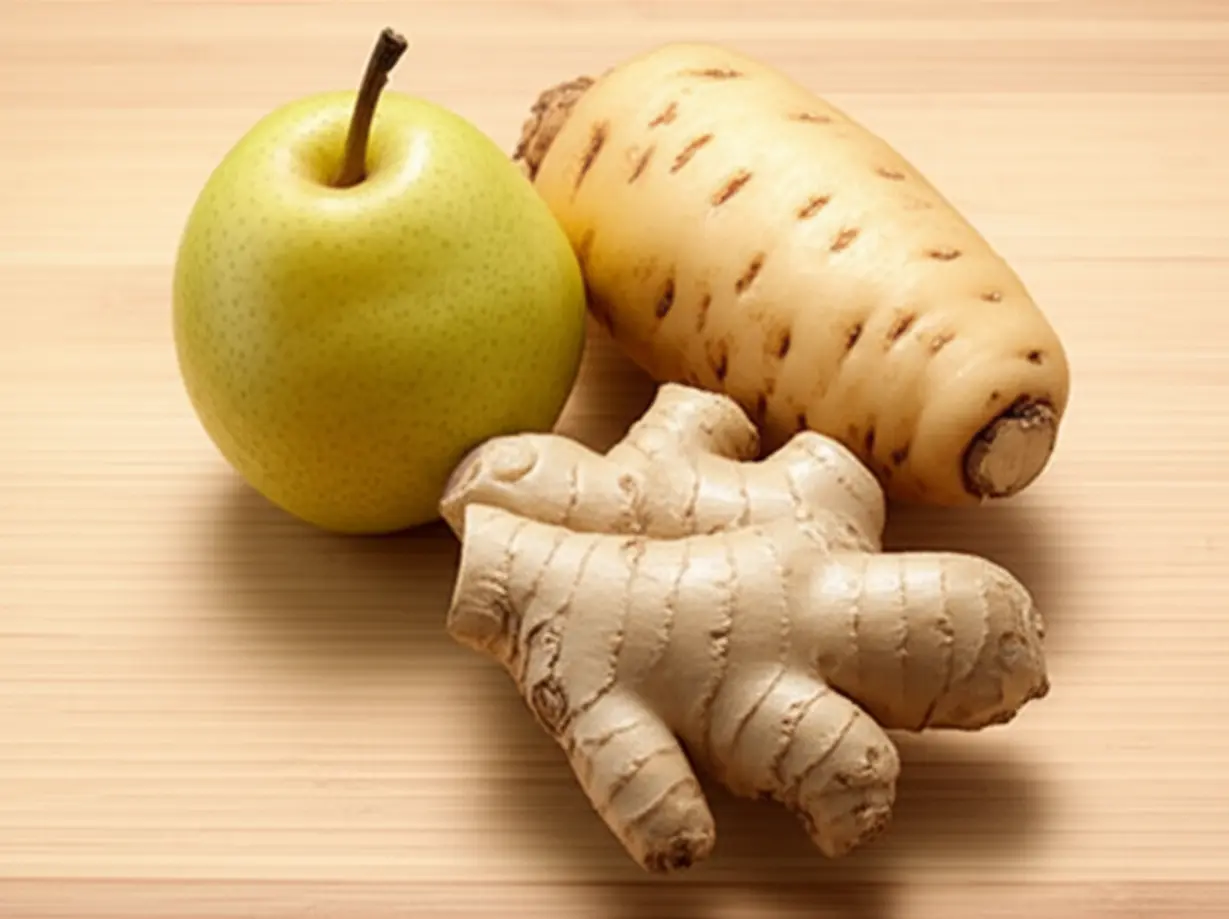 광택-나는-배,-질감-있는-도라지,-그리고-생강-조각이-깨끗하고-밝은-나무-표면에-깔끔하게-배열된-귀여운-3D-이미지