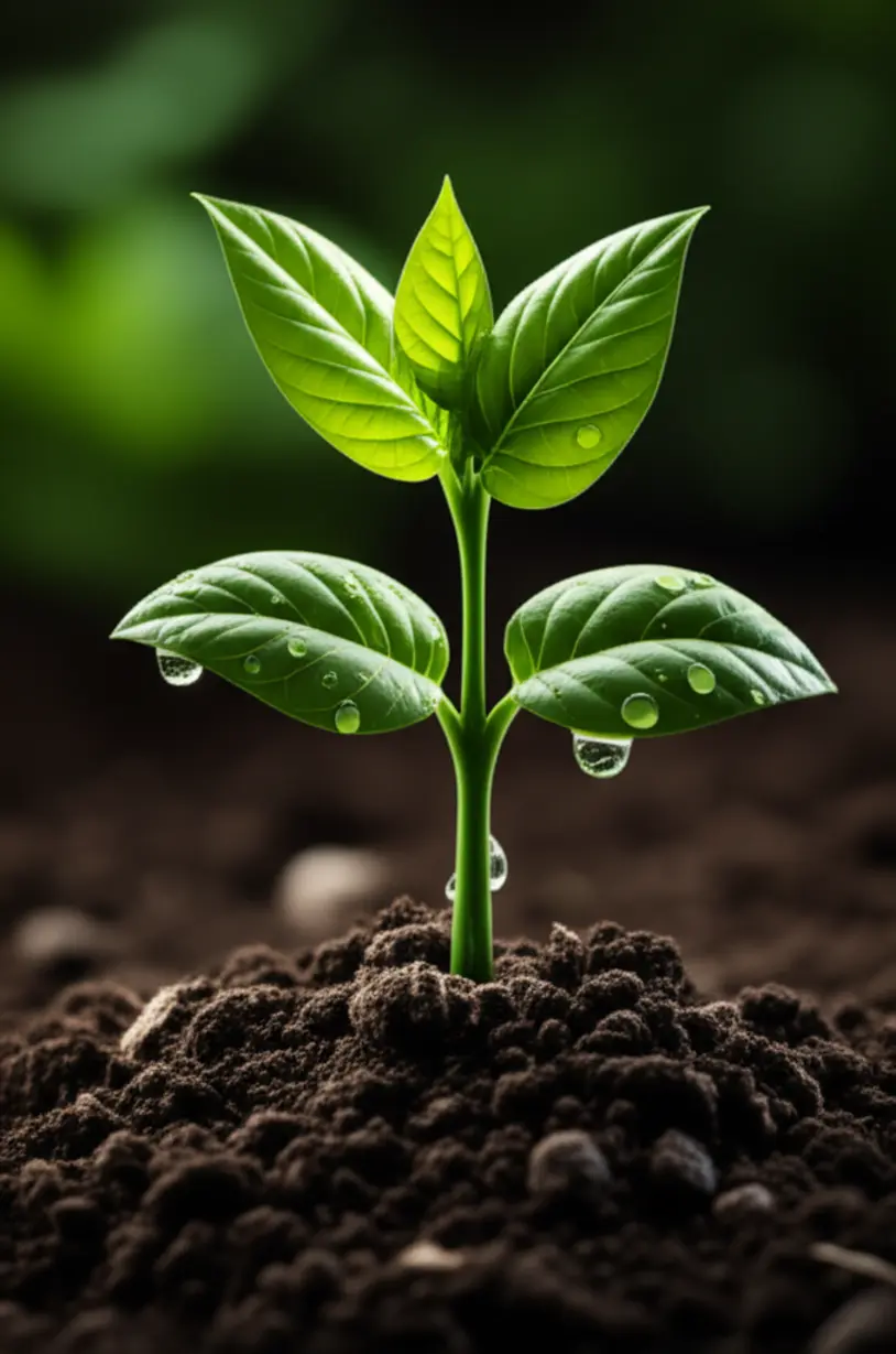 깨끗한-흙에서-자라는-건강한-식물과-순수한-물방울이-맺힌-3D-이미지