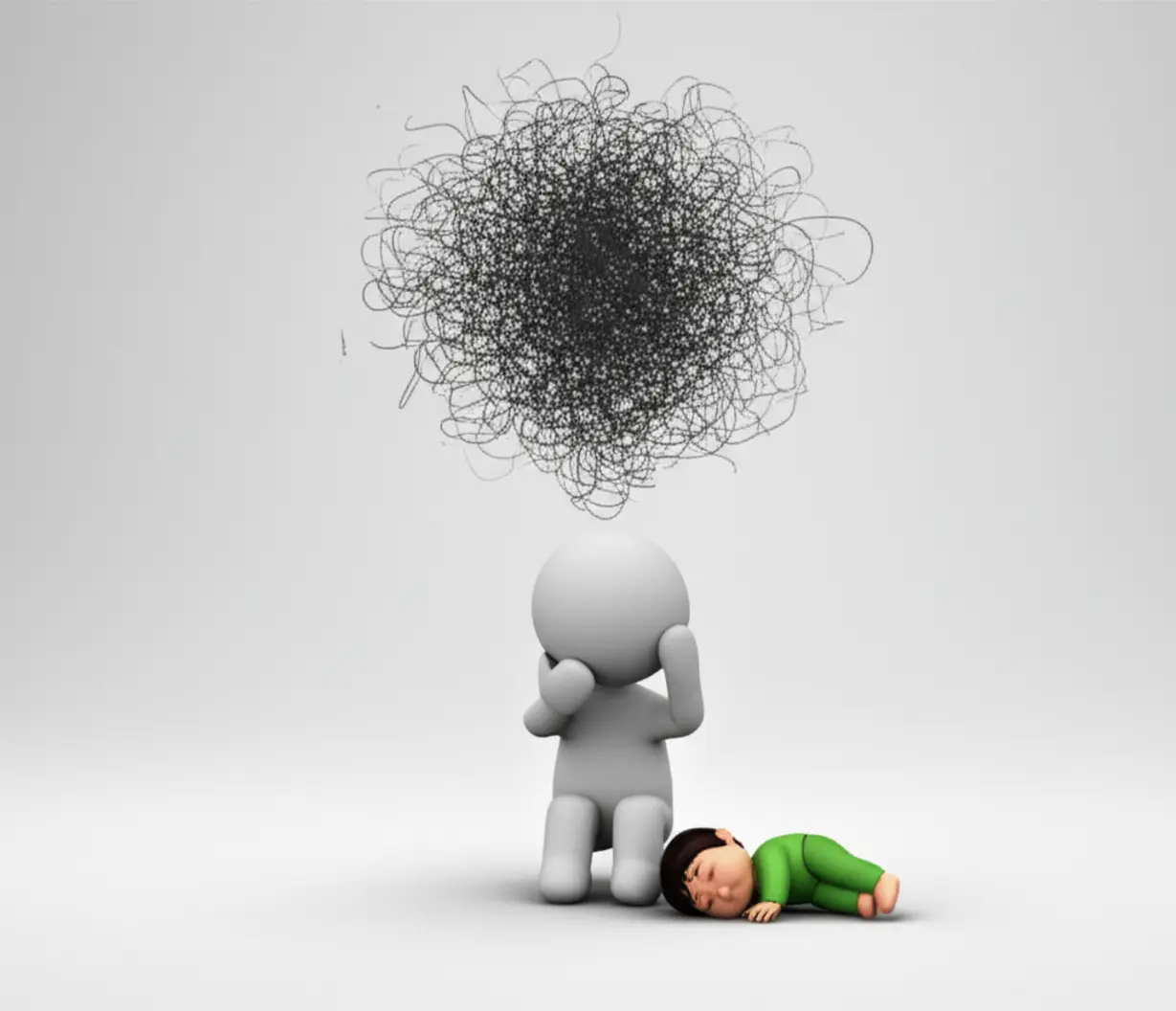 생각에-잠긴-성인과-평화롭게-잠든-아이의-모습.