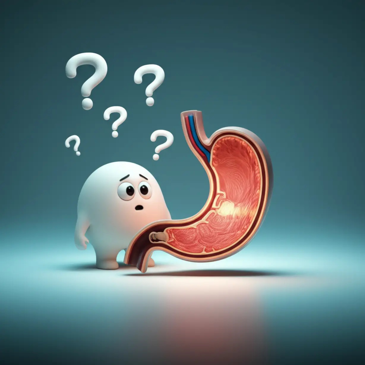 A-confused-character-looking-at-a-clean-stomach-model-with-question-marks,-representing-unexplained-symptoms.