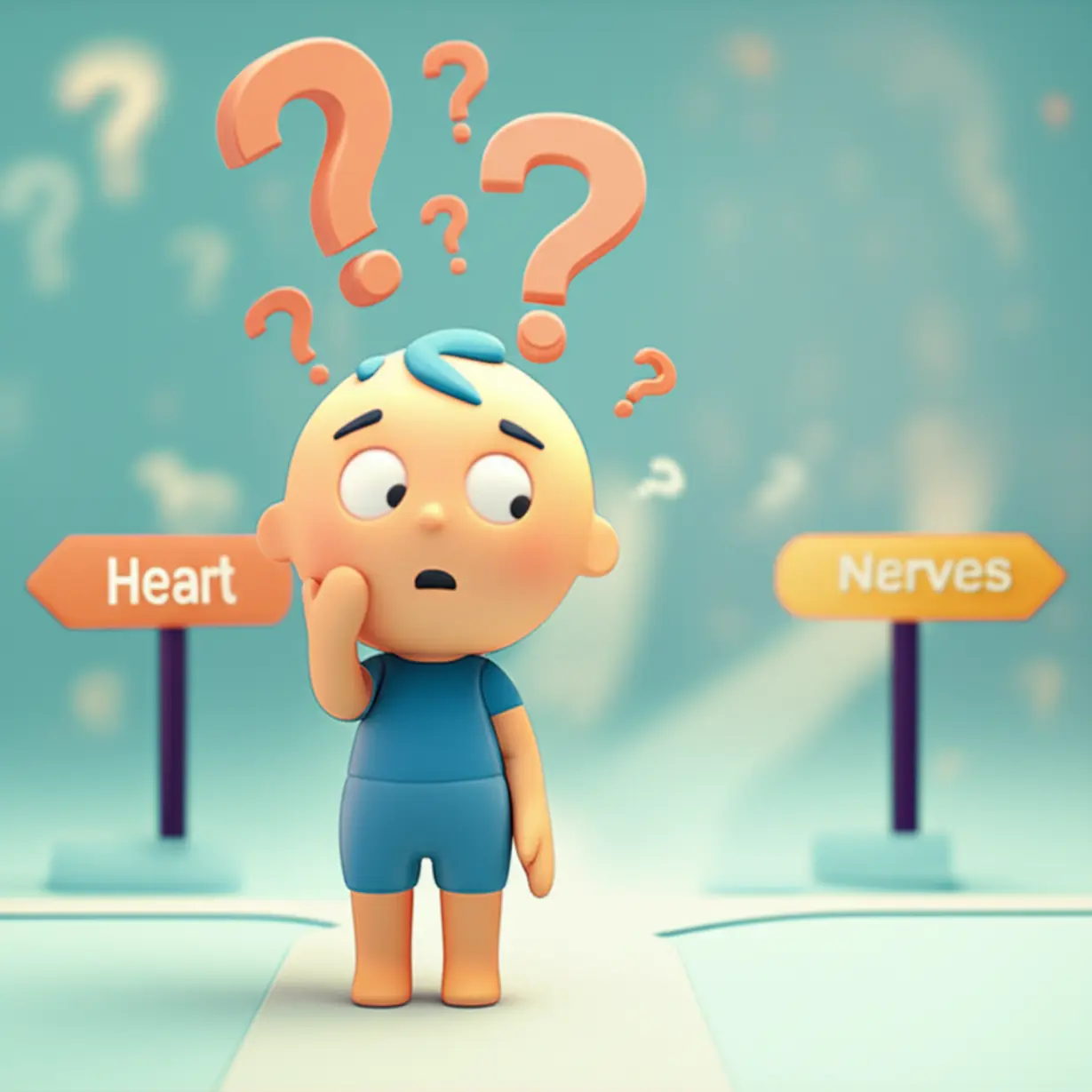 A-cute-3D-person-contemplating-two-different-paths,-symbolizing-confusion-about-the-true-cause-of-rapid-heartbeats.