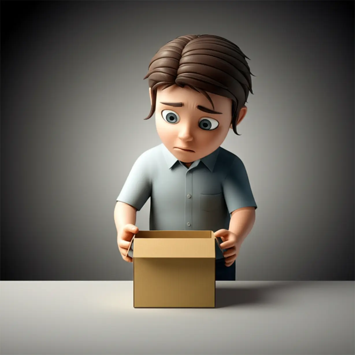 A-cute-3D-character-looking-puzzled-at-an-empty-box,-symbolizing-a-deeper-realization-about-anxiety.