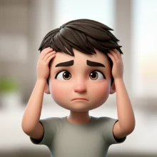 A-cute-3D-person-looking-curious-while-holding-their-head,-suggesting-a-hidden-problem.