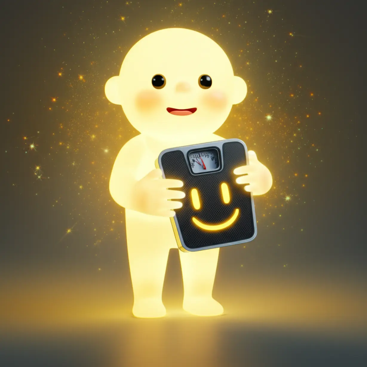 A-bright-and-glowing-3D-cartoon-character-with-clear-skin,-happily-holding-a-weighing-scale-displaying-a-smiling-face,-symbolizing-beauty-and-successful-weight-management.