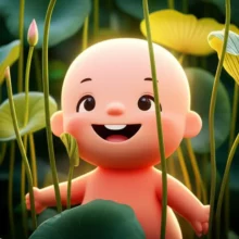 행복하고-건강하게-빛나는-사람이-연근과-연잎에-둘러싸여-있는-귀여운-3D-이미지