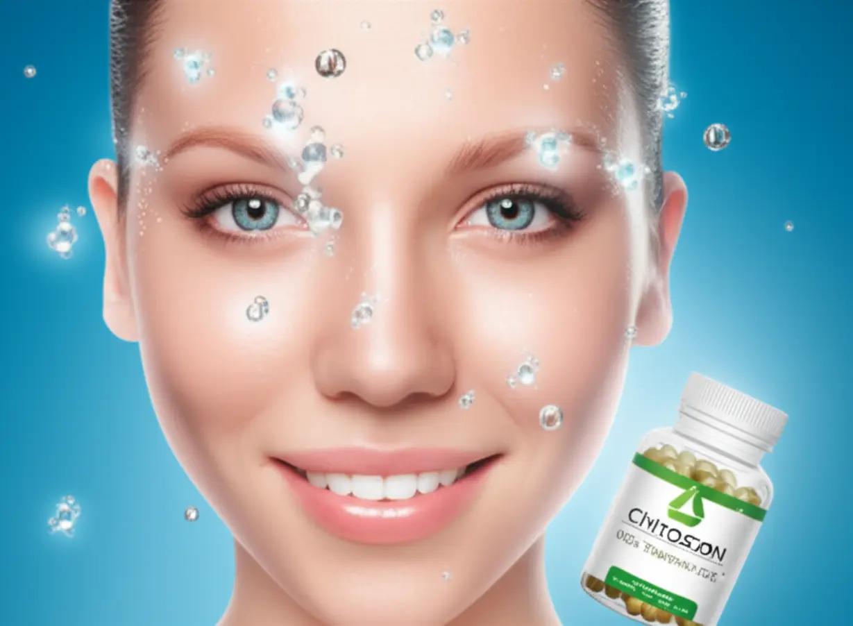 맑고-윤기-나는-피부를-가진-빛나는-3D-얼굴-캐릭터가-작은-키토산-분자와-영양제-병에-둘러싸여-있습니다.