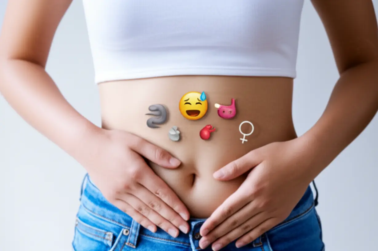 Stylized-symbols-representing-common-abdominal-pain-causes-like-stress,-kidney-stones,-and-inflammation-are-shown-around-a-calm-abdomen,-suggesting-identification-and-relief.