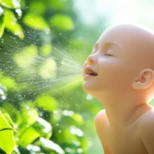 Glowing-person-feeling-refreshed-in-summer-breeze-with-sparkling-water-drops.