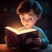 한-사람이-'몸-사용설명서'라고-적힌-신비로운-책을-호기심-가득한-표정으로-읽는-모습.-책에서는-은은한-빛이-난다.