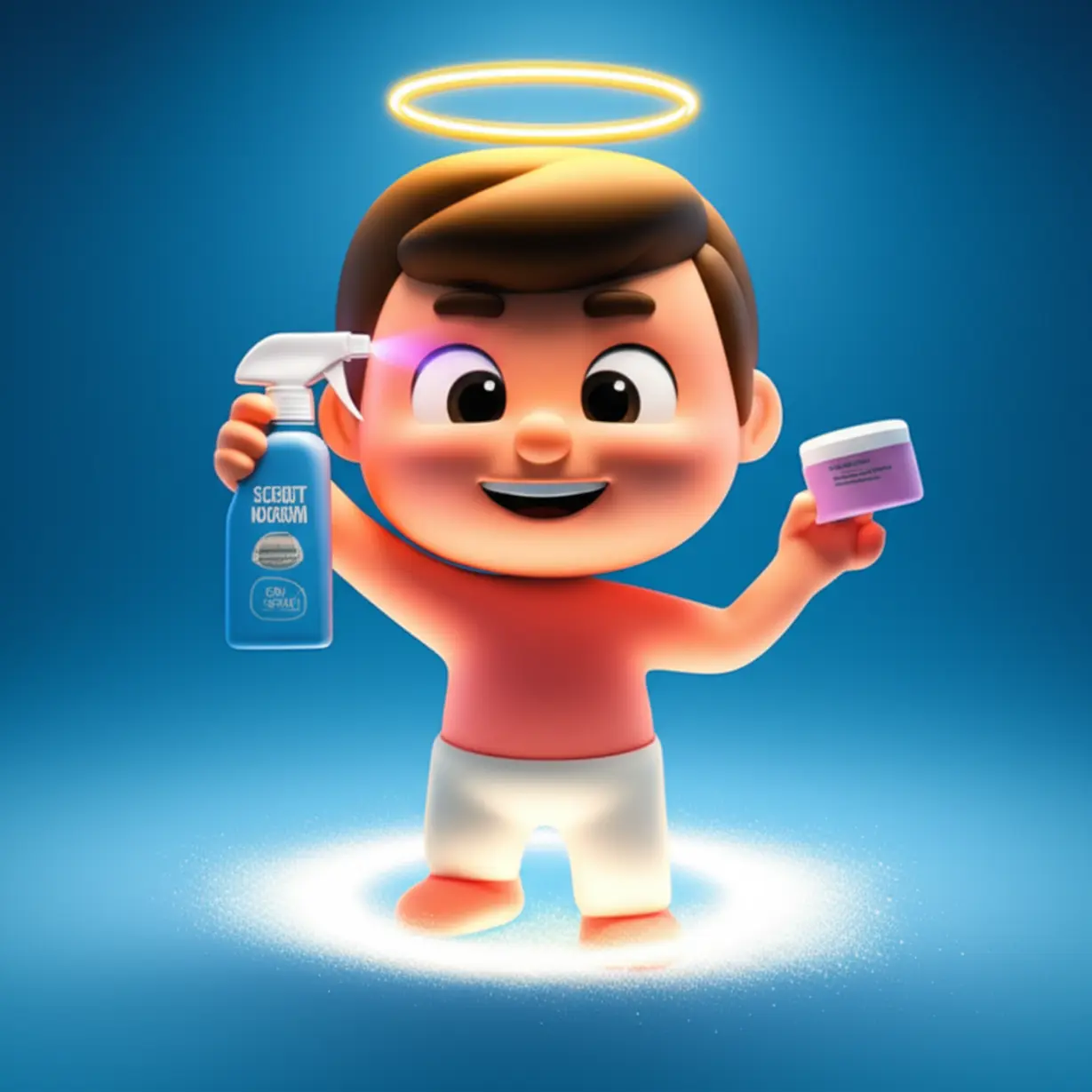 A-triumphant-3D-character-holding-up-secret-foot-care-products,-representing-