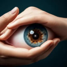 A-cute-3D-image-of-a-simplified-eye-being-gently-cradled-by-hands,-with-a-soft-glow,-symbolizing-hidden-knowledge-and-protection-for-eye-health.