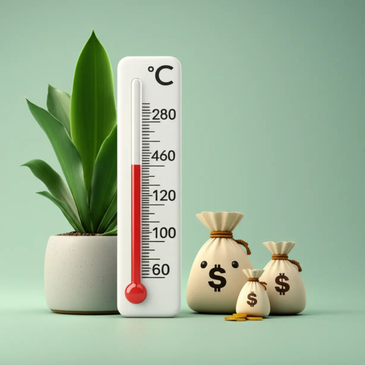 이상적인-온도를-나타내는-온도계와-함께-행복한-돈-주머니,-건강한-녹색-식물이-있는-모습