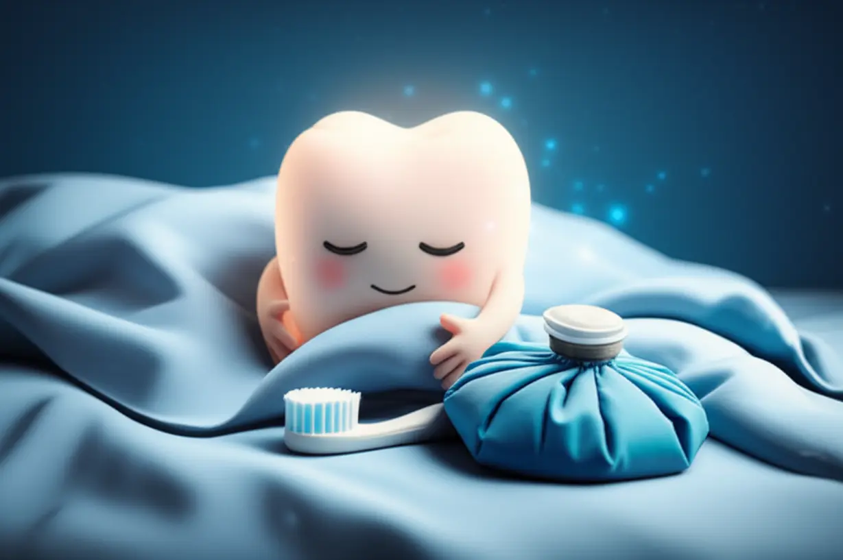 사랑니-발치-후-회복을-돕는-수면,-찜질,-구강-관리-도구들이-있는-귀여운-치아-캐릭터