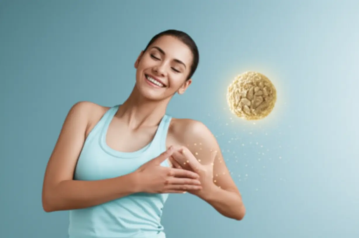 A-cute-3D-illustration-of-a-person-stretching,-radiating-health,-with-a-glowing-enzyme.