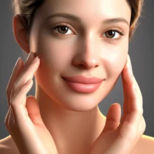 A-cute-3D-illustration-of-a-woman-with-radiant-skin,-exuding-calmness-and-confidence.