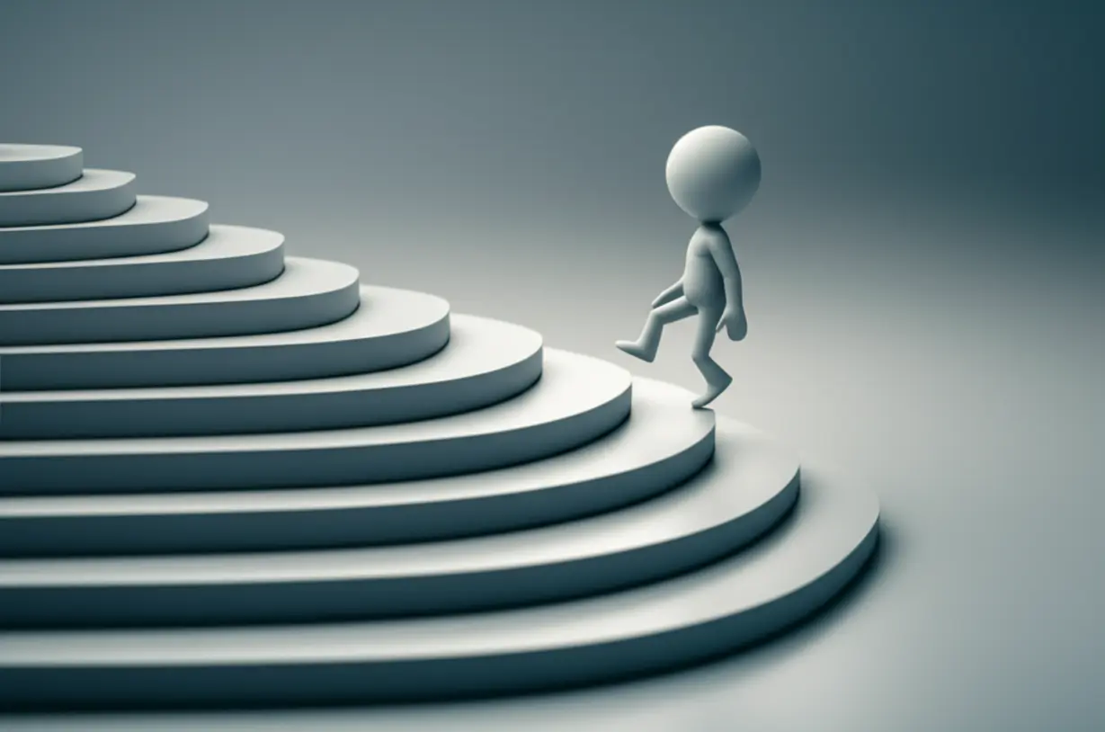 Cute-3D-image-of-a-person-calmly-descending-stairs,-representing-gradual-tapering.