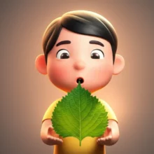 깻잎을-들고-있는-행복하고-놀란-표정의-귀여운-3D-캐릭터.-건강의-비밀을-발견한-듯-환한-빛이-감돈다.