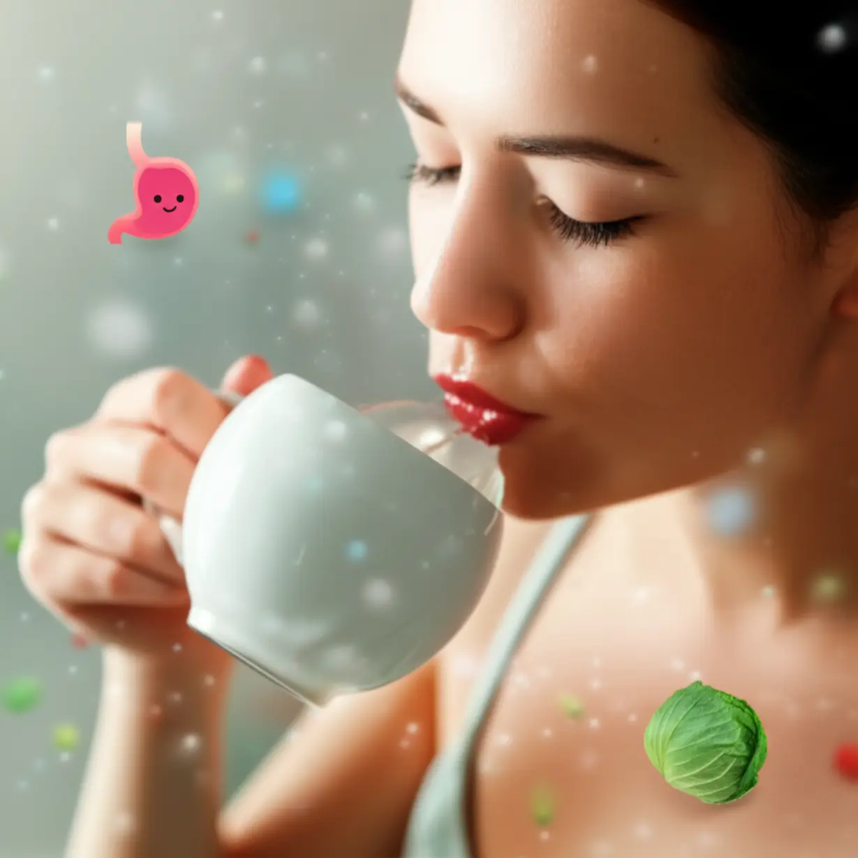 차분한-표정의-사람이-따뜻한-물을-마시고-있고,-주변에-양배추-등-건강한-음식과-행복한-위-캐릭터가-보이는-모습.